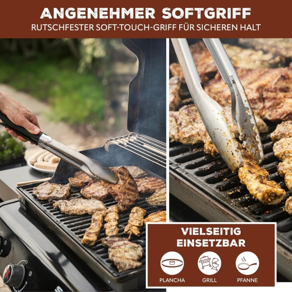Grill-Besteck 2tlg. / Zange und Wender / langes Grillzubehör aus Edelstahl mit Softgriff Bild 3