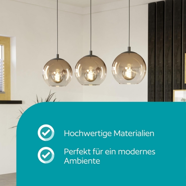 EGLO Hängelampe Ariscani 1, 3-flammige Pendelleuchte Esstisch, Hängeleuchte aus Metall in schwarz und Glas in Kupfer, Esszimmerlampe hängend, E27 Fassung, 76,5 cm Bild 2