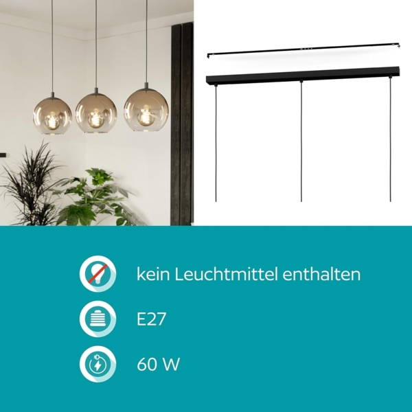EGLO Hängelampe Ariscani 1, 3-flammige Pendelleuchte Esstisch, Hängeleuchte aus Metall in schwarz und Glas in Kupfer, Esszimmerlampe hängend, E27 Fassung, 76,5 cm Bild 4