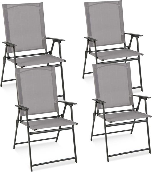 COSTWAY 4er Set Gartenstühle, Hochlehner Klappstühle mit wetterfestem Stoff, Balkonstühle mit Armlehnen, Terrassenstühle bis 150 kg belastbar, für Garten, Terrasse, Balkon, Grau