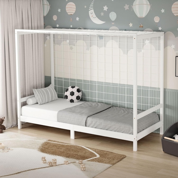 ML-DESIGN Spielbett Fußballtor Einzelbett für Kinder Holzbett mit Lattenrost & Tornetz, Abenteuerbett zum Spielen 90x200cm Weiß Kinderbett Holzbettgestell