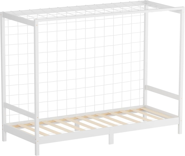 ML-DESIGN Spielbett Fußballtor Einzelbett für Kinder Holzbett mit Lattenrost & Tornetz, Abenteuerbett zum Spielen 90x200cm Weiß Kinderbett Holzbettgestell