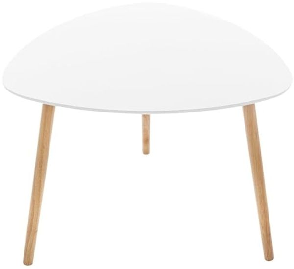 Weißer Beistelltisch im skandinavischen Stil, 3 schräge Beine und dreieckige Platte mit konturierten Kanten, 65 x 65 x 12