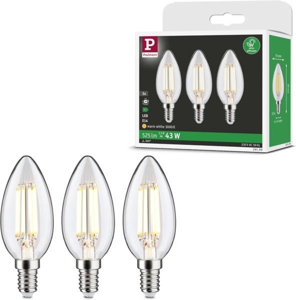 Paulmann LED-Leuchtmittel Eco-Line Filament 230V LED Kerze E14 3er-Pack 525lm 2,5W 3000K Klar, E14, 3 St, Warmweiß