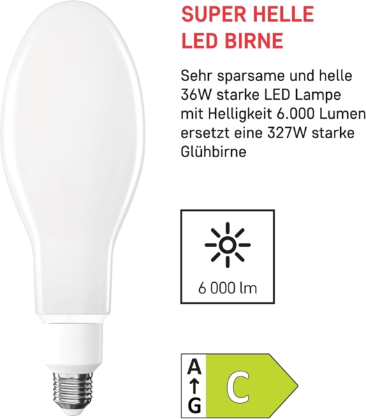 EMOS LED Lampe Edison Typ ED90, 36W Ersatz für 327W Glühbirne, Industrieleuchte, E40 Sockel, extra hell 6000 Lumen, Neutralweiß 4000 K, 25000 h Lebensdauer, CRI min. 80, 330° Abstrahlwinkel Bild 2
