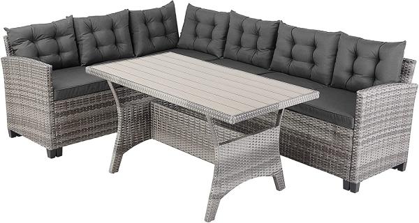 Casaria Casaria Poly Rattan Ecklounge Lissabon WPC Tisch Auflagen Garten Sitzgruppe Lounge Gartenmöbel Set Grau