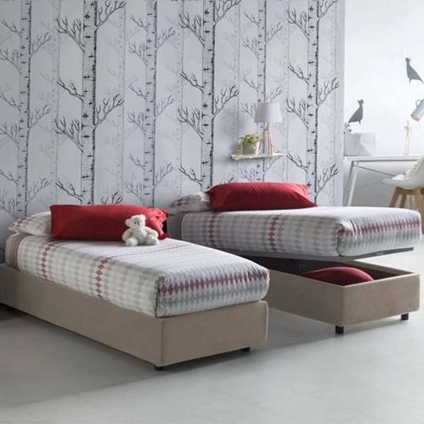 Talamo Italia - Einzelbett Valentina, Containerbett mit Stoffbespannung, 100% Made in Italy, Frontöffnung, inklusive Matratze Cm 90x200, Turteltaube