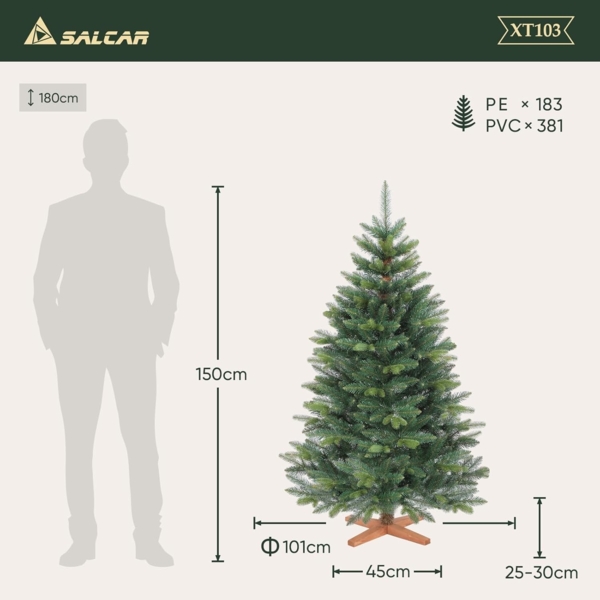 Salcar Künstlicher Weihnachtsbaum Christbaum PE PVC Nordmanntanne Tannenbaum mit Echtholz Baumständer, Nordmanntanne, 150 cm, Ø101 cm, zweifarbig, naturgetreu nachgebildetes Kunstmaterial Bild 7