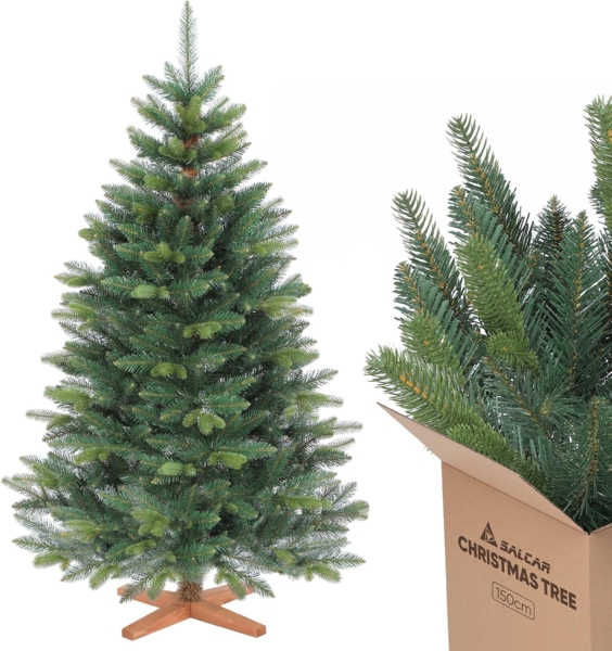 Salcar Künstlicher Weihnachtsbaum Christbaum PE PVC Nordmanntanne Tannenbaum mit Echtholz Baumständer, Nordmanntanne, 150 cm, Ø101 cm, zweifarbig, naturgetreu nachgebildetes Kunstmaterial Bild 1