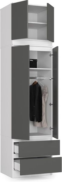 BDW Kleiderschrank mit Aufsatz, 4-türiger Kleiderschrank, 2 Schubladen, Kleiderschrank für das Schlafzimmer, Wohnzimmer, Flur, 234 x 60 x 51 cm (Weiß/Grau)