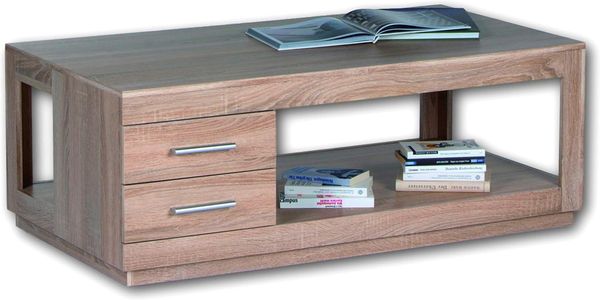 Stella Trading FESTIVAL BIG Couchtisch mit zwei Schubladen in Eiche Sonoma Optik - geräumiger Sofatisch mit Ablage für Ihren Wohnbereich - 120 x 46 x 65 cm (B/H/T)