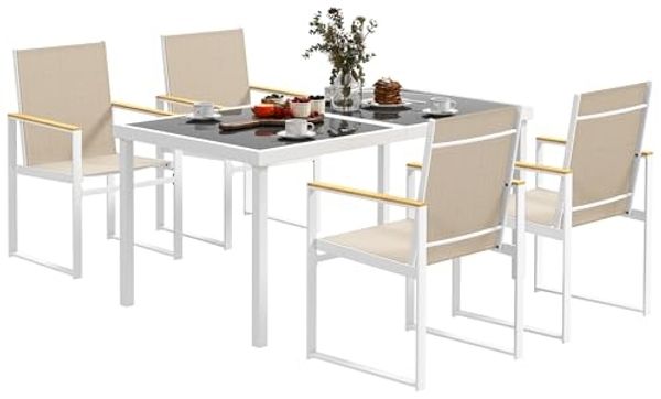 Outsunny Garten-Essgruppe für 4 Personen, abnehmbar Esstisch mit 4 Stühle, (Sitzgruppe, 5-tlg, Esszimmergruppe), mit Stahlgestell, für Terrasse, Balkon, Mehrfarbig