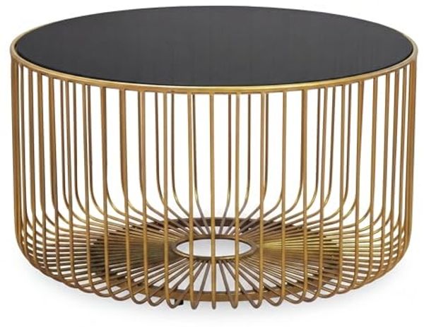 Couchtisch Glas Metall 60cm Gold Rund - Moderner Wohnzimmertisch - Design Sofatisch - Loungetisch mit Gittergestell - Runder Beistelltisch Handmade