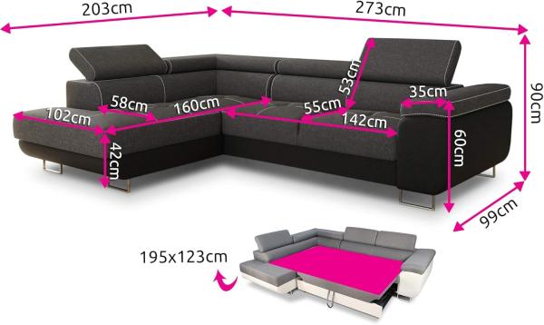 Ecksofa Caris mit Schlaffunktion, Bettkasten und einstellbare Kopfstützen (Dunkelgrau + Grau (Sawana 05 + Sawana 21), Ecksofa Rechts) Bild 3