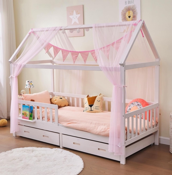 Alavya Home® Hausbett BUCHE CLOUD I KOMPLETT SET mit 2 Schubkästen (Kinderbett 80x160 cm mit Schublade inkl. Deko Rosa und Matratze), Aus massivem Buchenholz