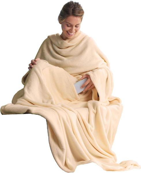 CelinaTex TV-Decke mit Ärmeln und Fußtasche Flauschige Kuscheldecke XL 170x200 cm beige Mikrofaser Fleece Soft Oeko-TEX