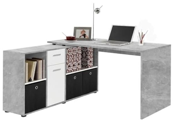 FMD Möbel 'LEXO/LEX' Schreibtisch, melaminharzbeschichtete Spanplatte, Beton LA/weiß, 135,7 x 74,2 x 135,7 cm