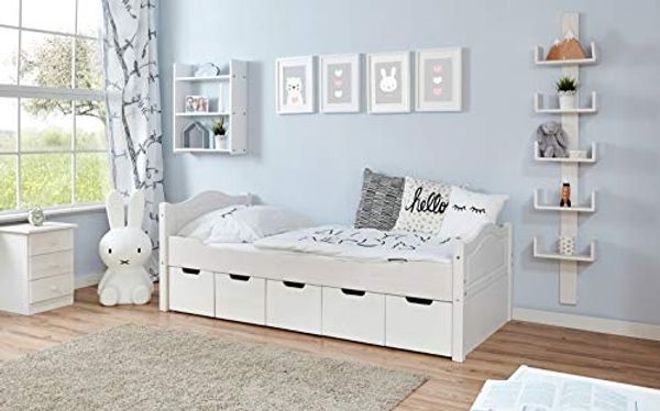 Ticaa Einzelbett 'Leni' 90x200 Kiefer massiv - mit 5er Schubkästen - weiß
