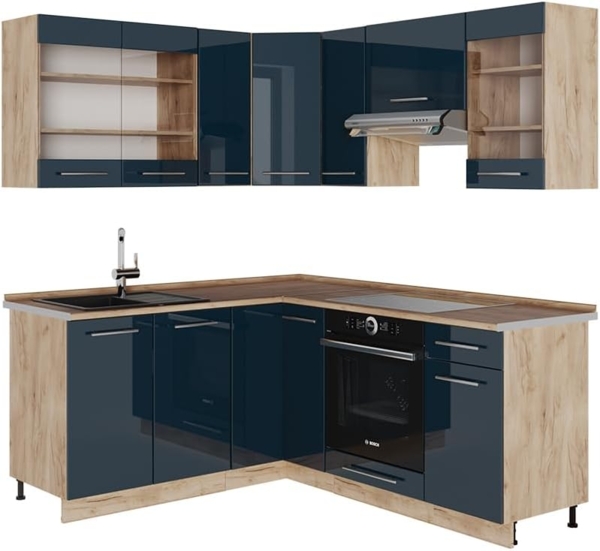 Küchenzeile Fame-Line Dunkelblau Hochglanz/Goldkraft Eiche 190 x 60 cm , AP Eiche Vicco