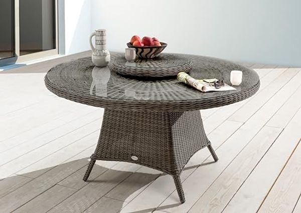 Destiny LUNA Tisch 150er Ø, vintage grau, mit Drehteller abnehmbar, mit aufgelegter Glasplatte