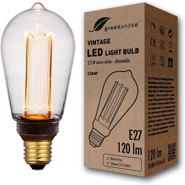 greenandco LED Vintage Glühbirne zur Stimmungsbeleuchtung | dimmbar | E27 ST64 | klar | 3,5W 120lm | 1800K extra warmweiß | 320° | 230V | flimmerfrei | Edison Glühbirne