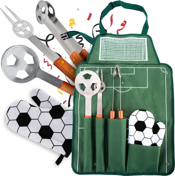 deluxe4home Grillbesteck-Set Fußball Grillbesteck I Grillset BBQ Tools mit Grillschürze, (5 tlg, Set), inkl. Grillzange, Fleischgabel, Grillwender und Topfhandschuh