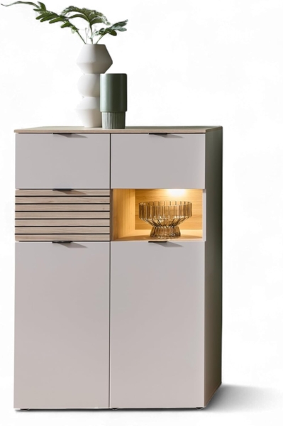 Stella Trading INA Highboard in Kaschmir, Riva Eiche Optik FSC-Zertifiziert - Moderner Wohnzimmerschrank mit Schubladen und LED-Beleuchtung - 84 x 125 x 45 cm (B/H/T)