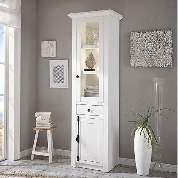 Lomadox Vitrine WINGST-61 Landhaus Stand- im Dekor Pinie weiß Nb. inkl. LED B/H/T 63x207x45cm