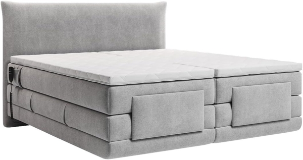 Vente-unique - Komplettes Boxspring-Set mit Kopfteil + elektrisch verstellbare Lattenroste + Matratze + Topper - 2 x 90 x 200 cm - Stoff - Hellgrau - ZANORO von PALACIO
