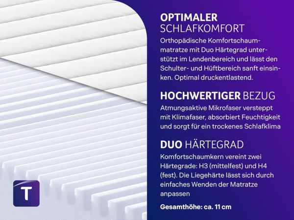 Traumnacht Easy Comfort 2 in 1 Duo - orthopädische 7- Zonen Komfortschaummatratze, Härtegrad 3 und 4, Öko-Tex Zertifiziert 80x200 cm, Höhe 11 cm, produziert nach deutschem Qualitätsstandard Bild 3