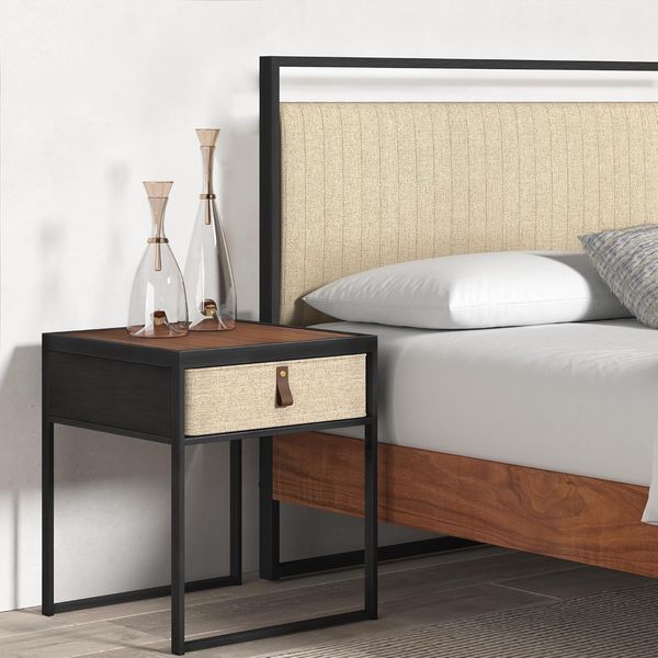 Zinus Ilsang Nachttisch 45 x 43 x 52 cm - Metall und Holz Beistelltisch - Taupe Stoff Schublade - Braun und Schwarz