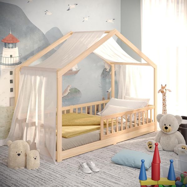 CADANI Kinderbett Malte Hausbett Bodenbett Rausfallschutz abnehmbar bis 200 kg belastbar (90x200 cm, Montessori Kinder- & Jugendbett aus Kiefer Massivholz), inkl. stabilem Roll-Lattenrost, langfristig nutzbar, Natur