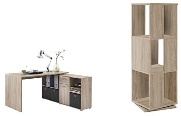 FMD Möbel Unbekannt 353-001 Schreibtisch-Winkelkombination Tisch & FMD Furniture 291-001E, drehbares Regal, in Ausführung Eiche Nachbildung, Maße ca. 34 x 108 x 34 cm, Melaminharz beschichtete Spanplatte