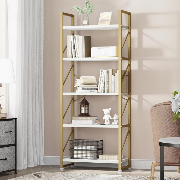 YITAHOME Bücherregal mit 5 Ebenen, Industrielles Standregal Aufbewahrungsregale für Wohnzimmer Bücher Schlafzimmer Büro Küche Zeitschriften, Golden