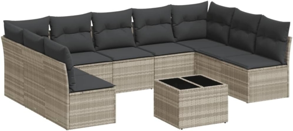 vidaXL 10-tlg. Garten-Sofagarnitur mit Kissen Hellgrau Poly Rattan 3249921