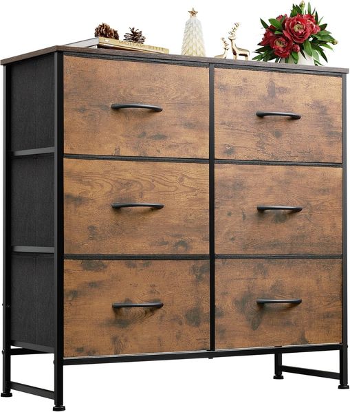 WLIVE Kommode mit 6 Schubladen aus Stoff, Kommodenschrank für Schlafzimmer, Kommode Wohnzimmer, mit Stabiler Stahlrahmen, Holzplatte, Vintagebraun-Schwarz