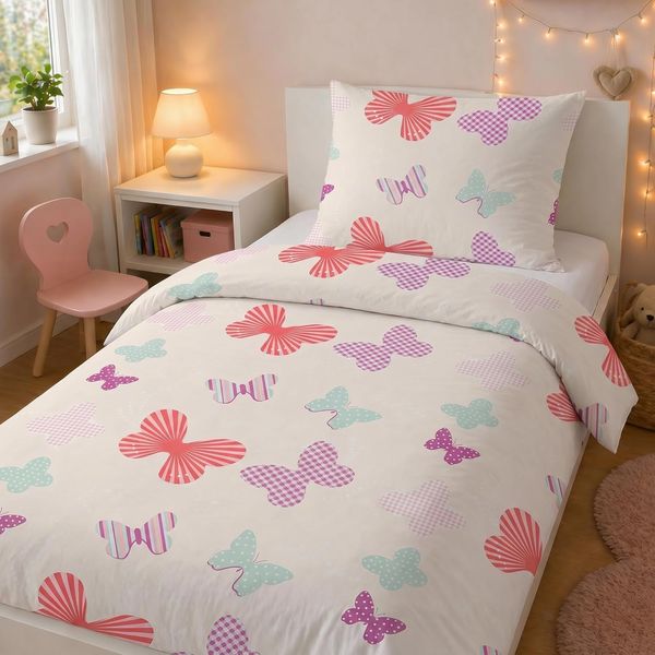 LINKHOFF Kinderbettwäsche Schmetterling Bettwäsche 135x200, 100% Baumwolle Mädchenbettwäsche Schmetterlinge Rosa Butter + Kissen