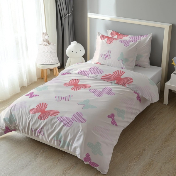 LINKHOFF Kinderbettwäsche Schmetterling Bettwäsche 135x200, 100% Baumwolle Mädchenbettwäsche Schmetterlinge Rosa Butter + Kissen