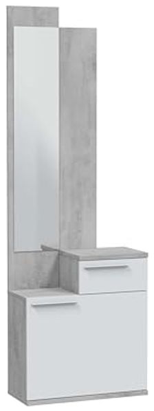 Habitdesign, Schuhschrank mit Spiegel, platzsparendes Garderobenmöbel in Zementgrau und Artik weiß für Flur oder Schlafzimmer, modernes Design, Maße: 61 x 185 x 28 cm (B x H x T), Modell Karen