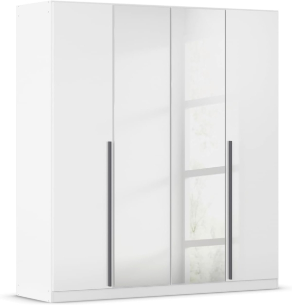 rauch Kleiderschrank Alba, Drehtürenschrank, Garderobenschrank, 4-türig, mit Spiegel, mit 2 Kleiderstangen und 2 Einlegeböden, Farbe Hochglanz Weiß/Weiß, Griffstange Grau metallic, Schwarz, 181x197x54cm