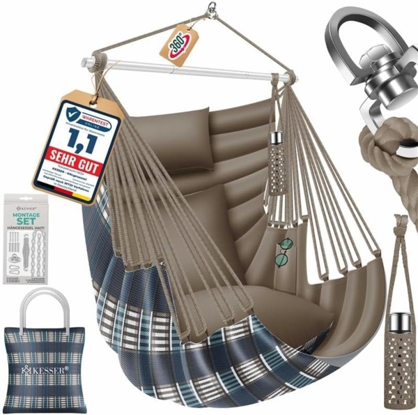 KESSER® Hängesessel Haiti 150kg Traglast, Hängestuhl 360° Drehung, Hängeschaukel Indoor-Outdoor UV-beständig & Wasserfest, Pflegeleicht, Inkl. 2 Kissen, Tragetasche, Flaschenhalter & Montage-Set Mocca