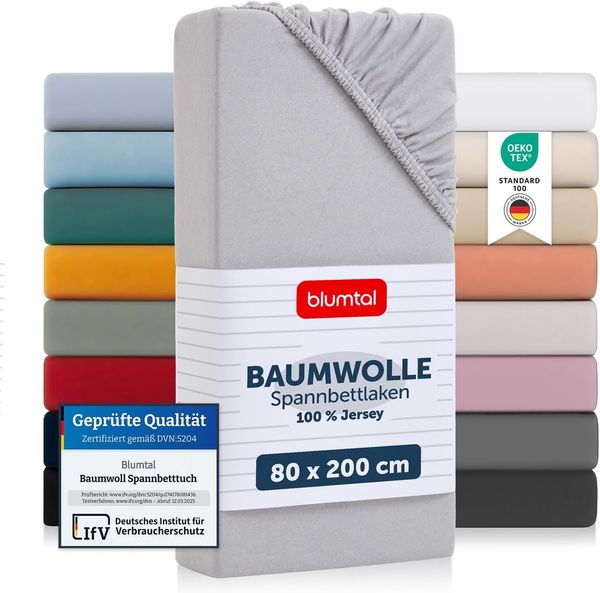 Blumtal® Basics Spannbettlaken 80x200 cm Jersey - Bettlaken 80x200 cm aus 100% Baumwolle - OEKO-TEX zertifiziertes Spannbetttuch 80x200 cm - Matratzenbezug 80x200 cm -Bettbezug - Moonlight Grey - Grau