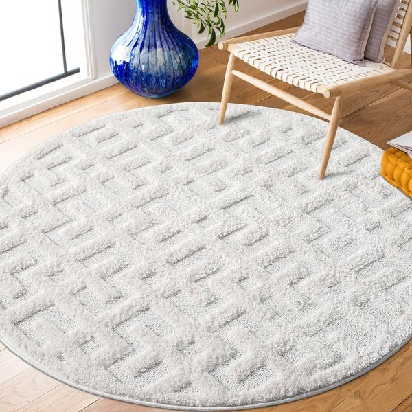 Teppich Rund - 200x200cm - Hochflor - Boho - Pastell Creme Grau - Einfarbig - Modern Geo Muster- Skandinavisch Flauschig Weich - Schlafzimmer Dekoration