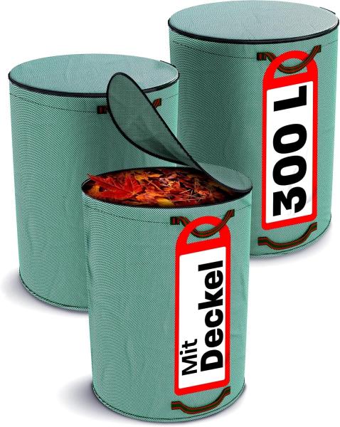 Praknu Gartenbox 3x Gartensack mit Deckel 300 L (3 St), 300L - 4 Reißfeste Griffe - Robustes Polypropylen