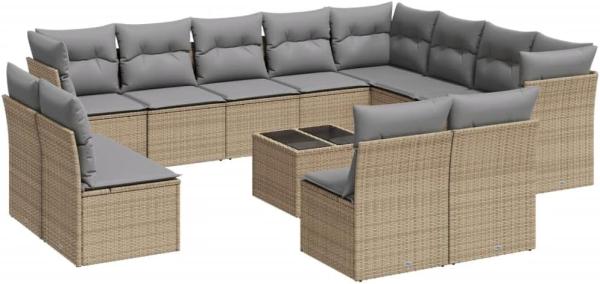 vidaXL 13-tlg. Garten-Sofagarnitur mit Kissen Beige Poly Rattan 3250318