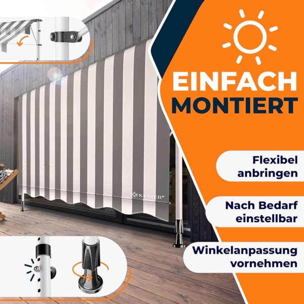 KESSER® Klemmmarkise mit Handkurbel Balkon, Balkonmarkise ohne Bohren, UV-beständig höhenverstellbar wasserabweisend, Sonnenschutz, Terrassenüberdachung, einfache Montage 300cm Bild 7