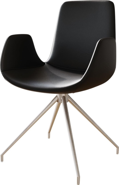 Esszimmerstuhl Ilia-Flex mit Armlehnen Echt-Leder Schwarz Kreuzgestell konisch Edelstahl