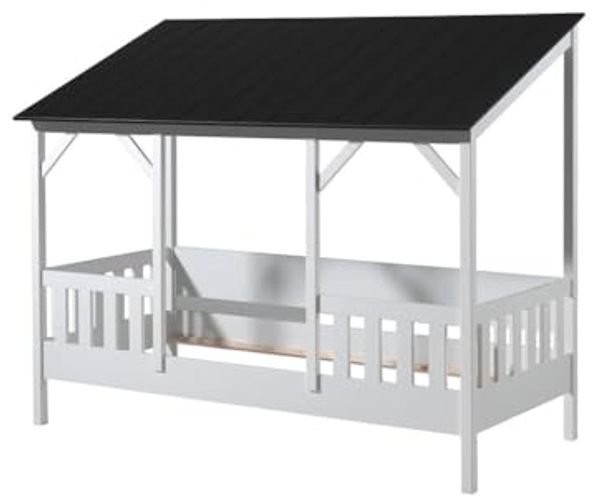 Hausbett inkl. Rolllattenrost, Liegefläche 90 x 200 cm, Ausf. weiß teilmassiv Dach in Schwarz