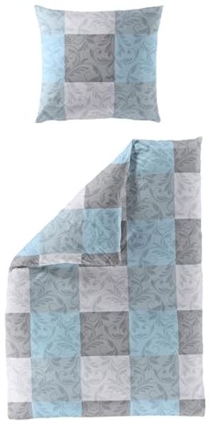 JACK Bettwäsche 135x200cm Karo Ornamente Blau Grau, Biber, 2 teilig, mit elegantem Karo-Design mit Ornamenten