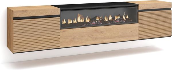 Skraut Home | TV-Schrank, Lowboard | für Wohnzimmer und Esszimmer | 200 x 45 x 35 cm | Für TV-Geräte bis zu 80" | Elektrokamin. | Hängend | Moderner Stil | Eiche